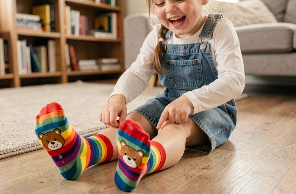 Fillette assise sur un parquet en bois riant en regardant ses chaussettes rayées colorées avec des animaux rigolos