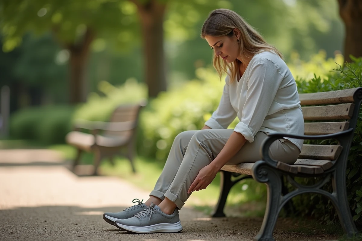 Femme grand gabarit essayant des chaussures larges amorties dans un parc en plein air