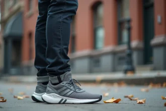 Homme grand gabarit portant des chaussures larges à maintien renforcé sur un trottoir urbain