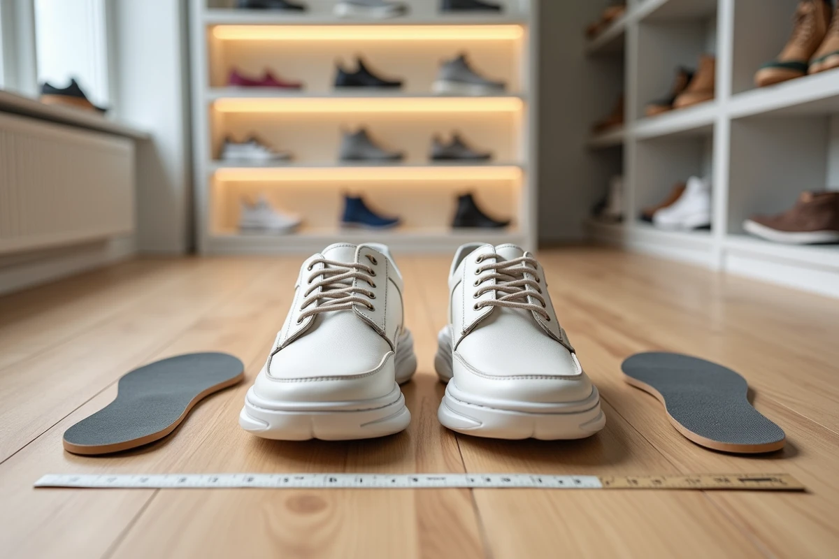 Paire de chaussures larges orthopédiques pour grands gabarits posée sur un parquet en bois dans une boutique spécialisée