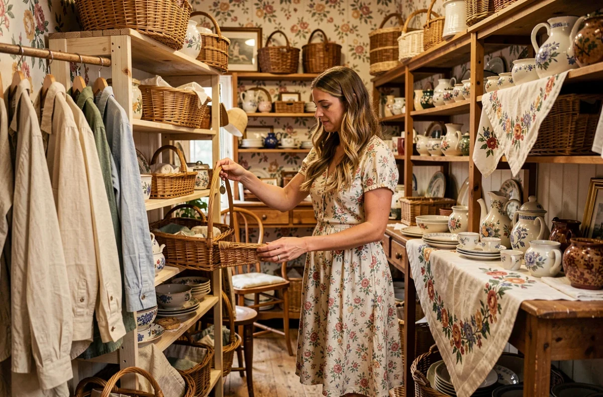 Friperie éclectique aux allures de brocante avec une femme en robe fleurie découvrant un panier en osier parmi des étagères remplies de blouses en lin, sacs et curiosités vintage