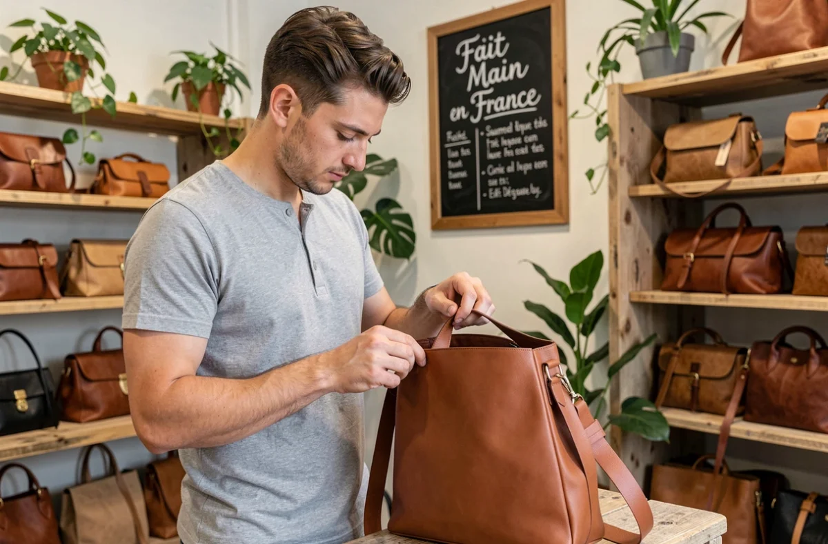 Homme examinant un sac en cuir fait main dans une boutique artisanale française indépendante
