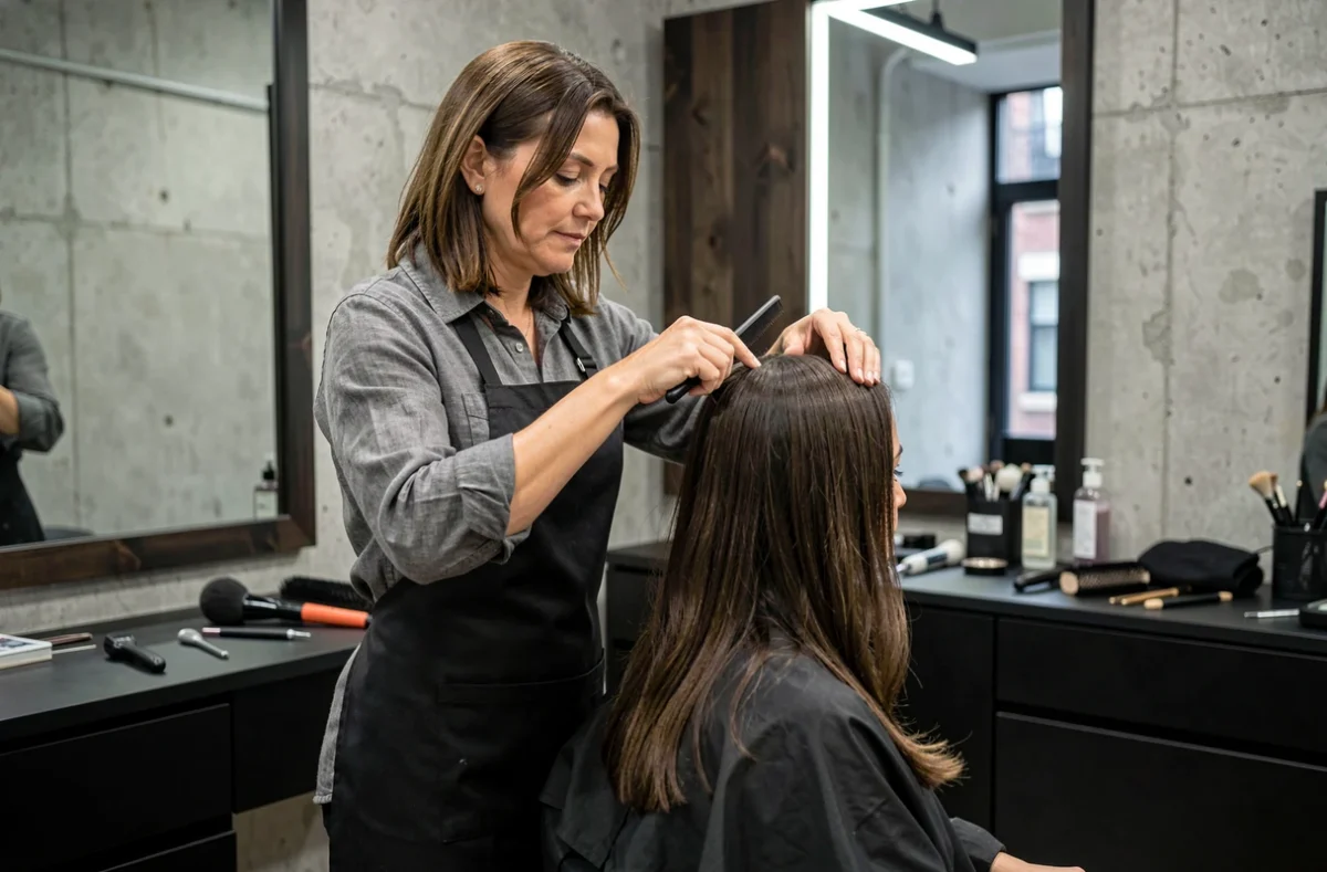 Coiffeuse professionnelle en train de réaliser une coupe casquette sur une cliente dans un salon de coiffure contemporain avec murs en béton