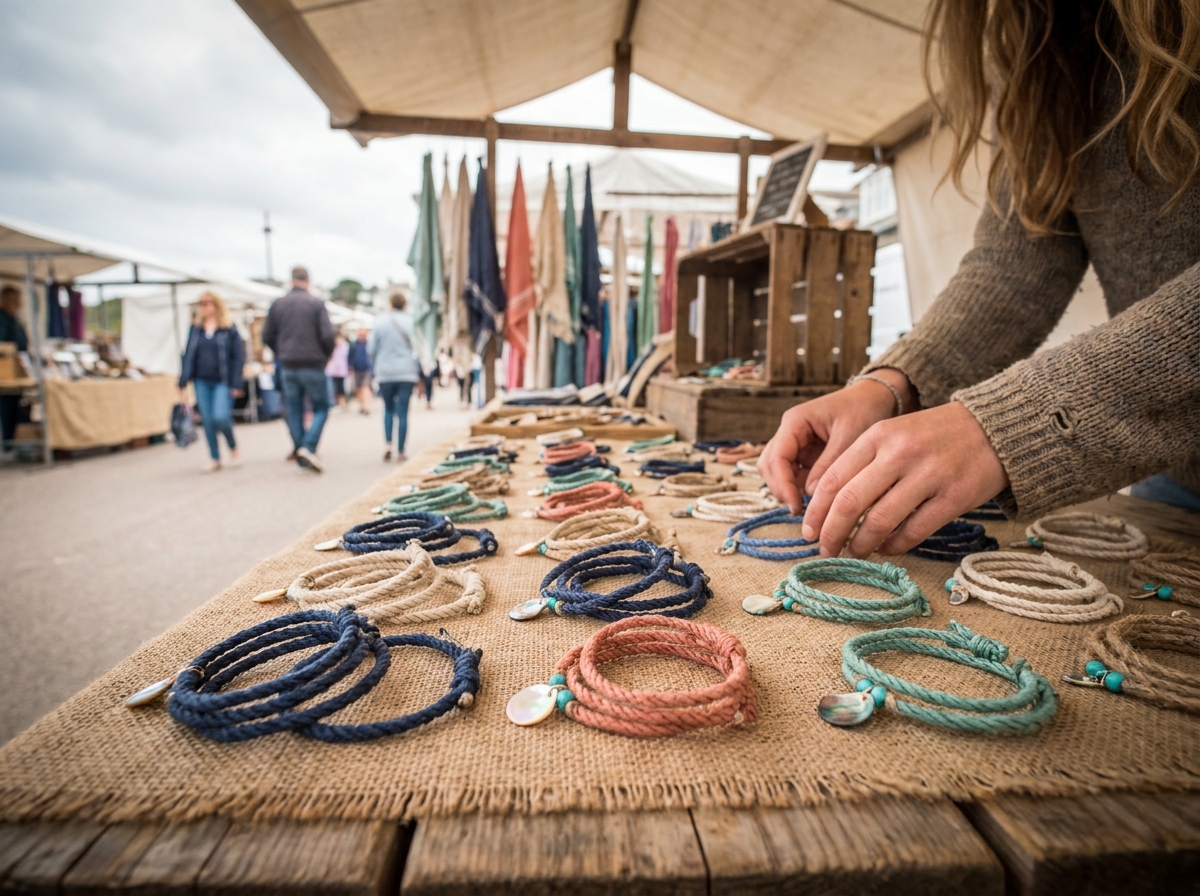 Étal de marché artisanal présentant une collection de bracelets marins faits main en corde et coquillages