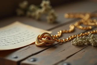 Collier en or emmêlé posé sur une surface en bois avec des fleurs séchées, symbolisant la connexion spirituelle des flammes jumelles