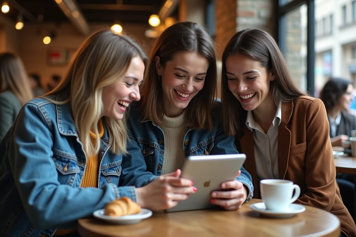 Groupe de fans de Suki Waterhouse réunis dans un café autour d'une tablette pour explorer ensemble le site fan de référence