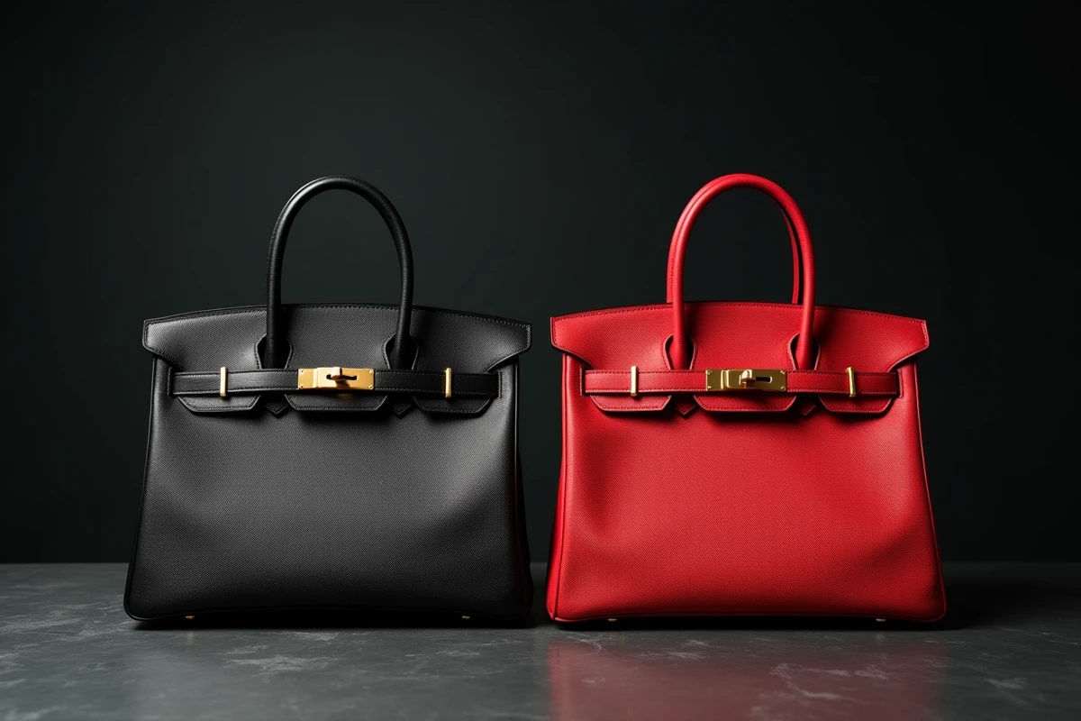 Deux sacs Hermès Birkin 30 côte à côte en cuir noir et rouge sur fond ardoise gris foncé, détails de couture visibles