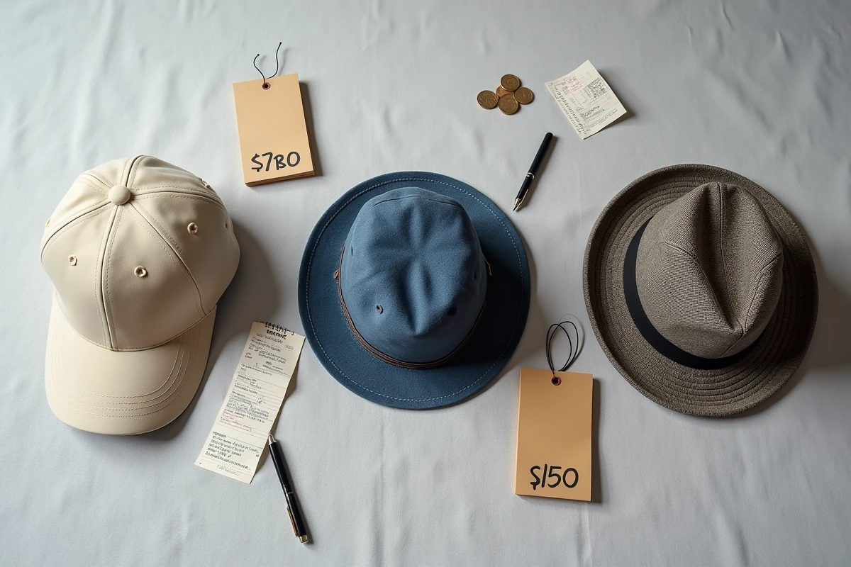 Comparaison de trois chapeaux de qualité différente avec étiquettes de prix, pour illustrer les budgets à prévoir pour un bob ou une casquette durable
