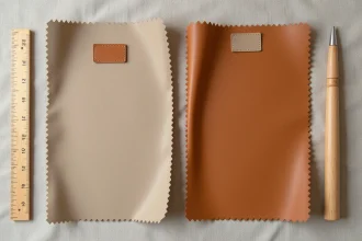 Comparaison côte à côte d'un échantillon de daim tissu et d'un échantillon de cuir véritable posés sur une surface en lin neutre