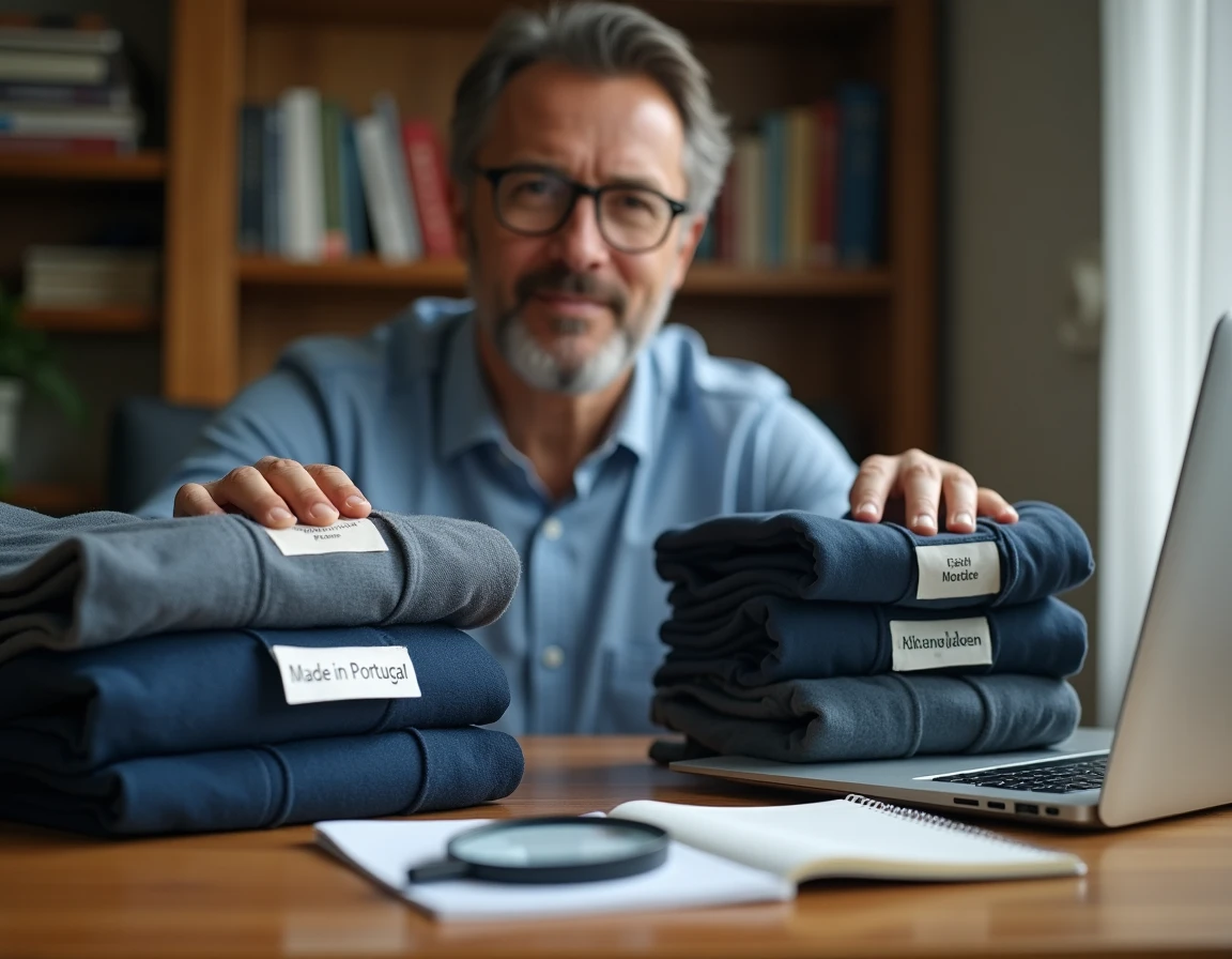 Homme comparant les étiquettes d'origine de deux vêtements posés sur un bureau de travail lors d'une recherche sur la fabrication textile