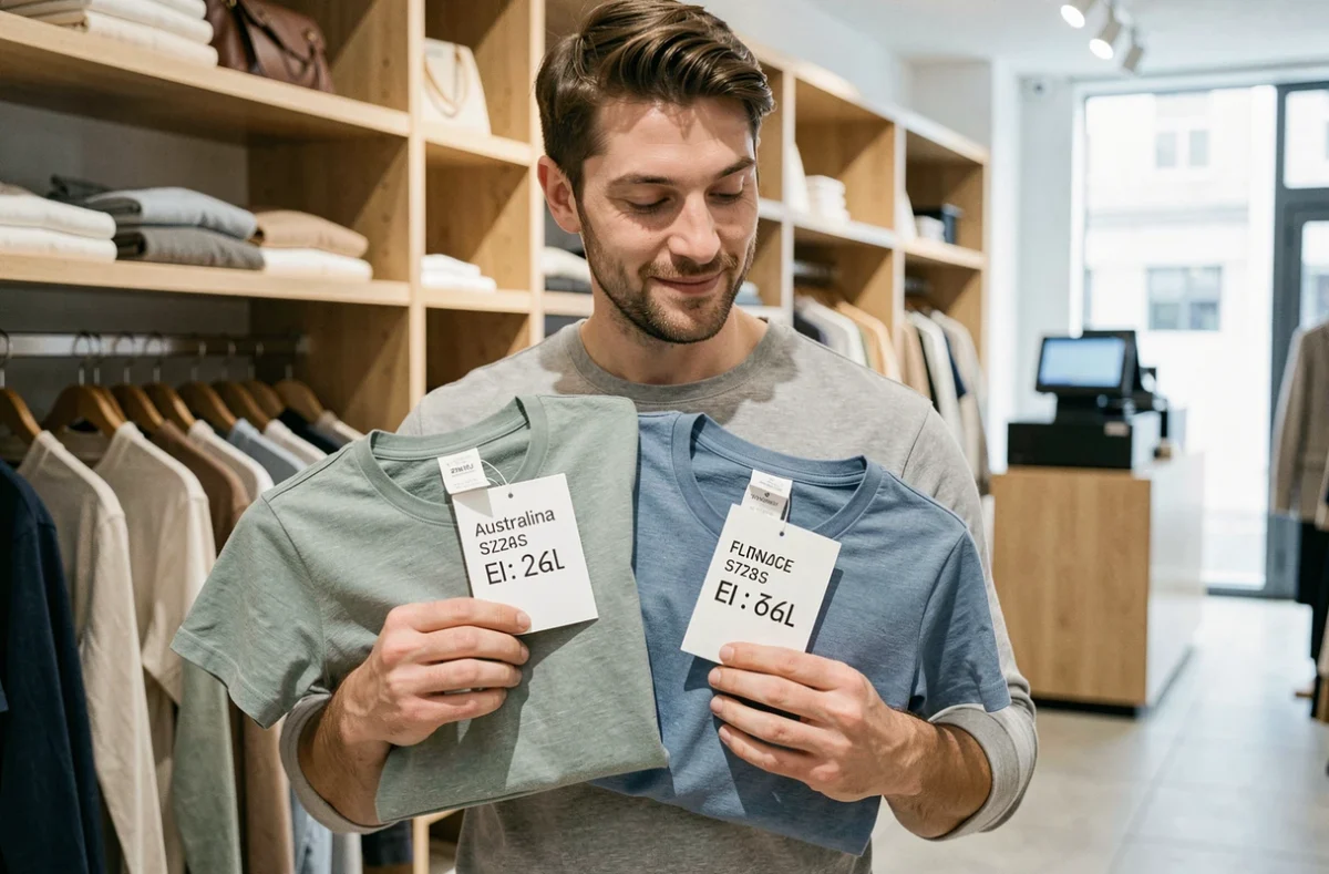 Homme comparant des étiquettes de tailles australiennes et françaises sur des vêtements en boutique