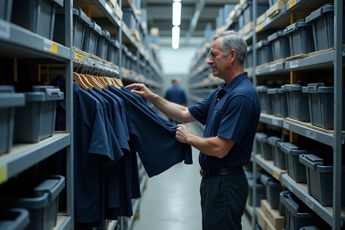 Un gestionnaire compare deux chemises de commande dans une réserve de vêtements professionnels pour éviter les erreurs de taille et de couleur