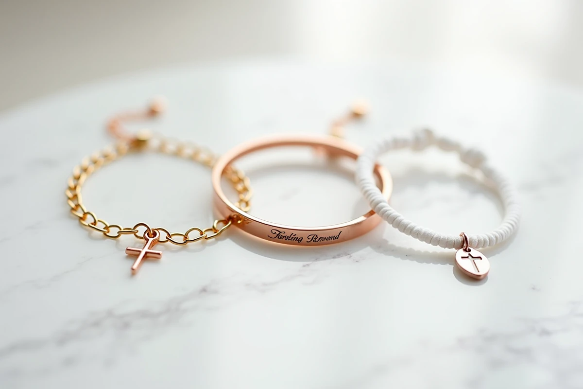 Comparatif de trois bracelets de communion abordables sur marbre blanc