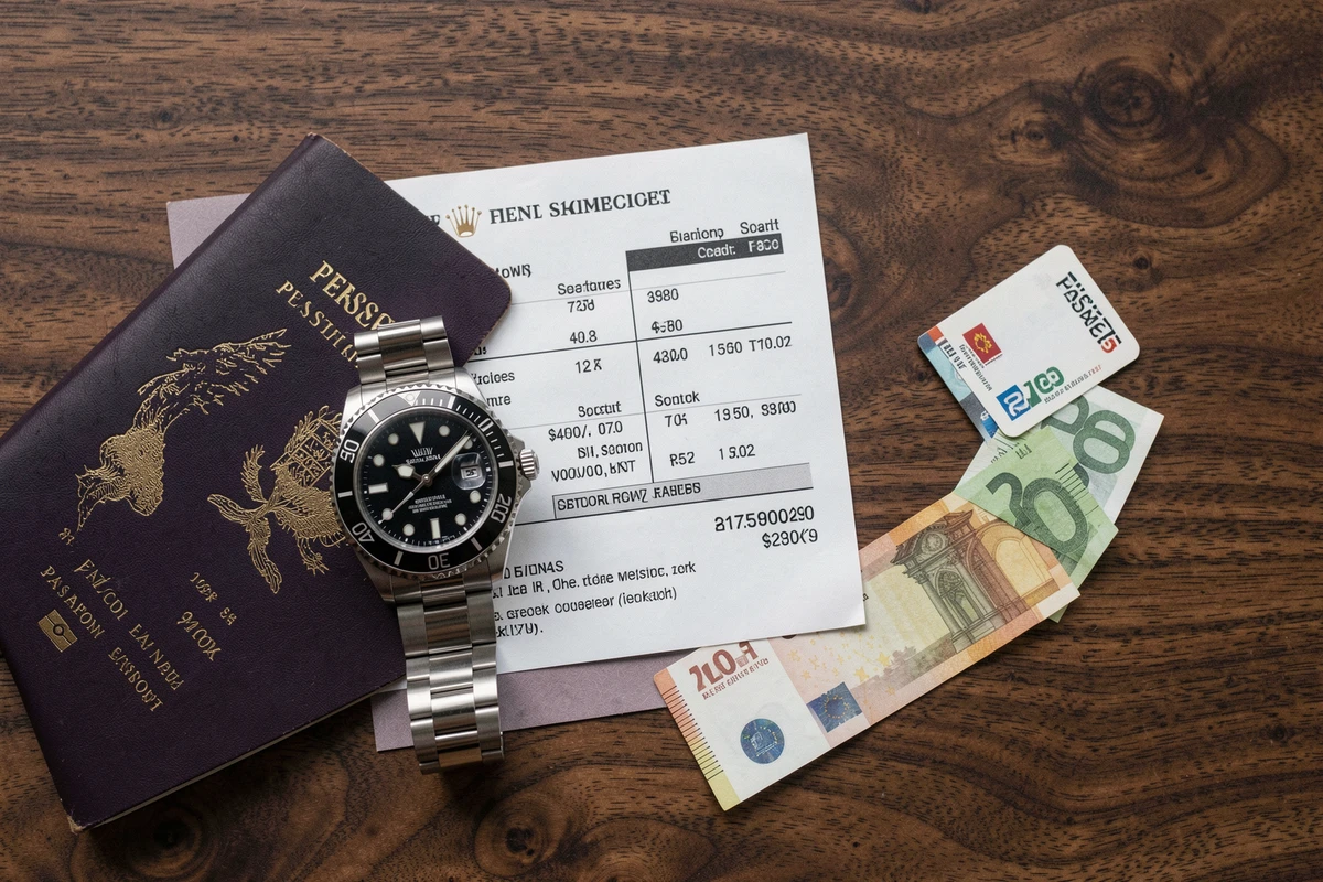 Vue du dessus d'une Rolex Submariner posée sur un bureau en noyer avec passeport français, carte d'embarquement et comparatif de prix