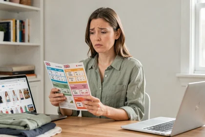 Femme consultant un tableau de conversion de tailles entre l'Australie et la France pour une commande en ligne