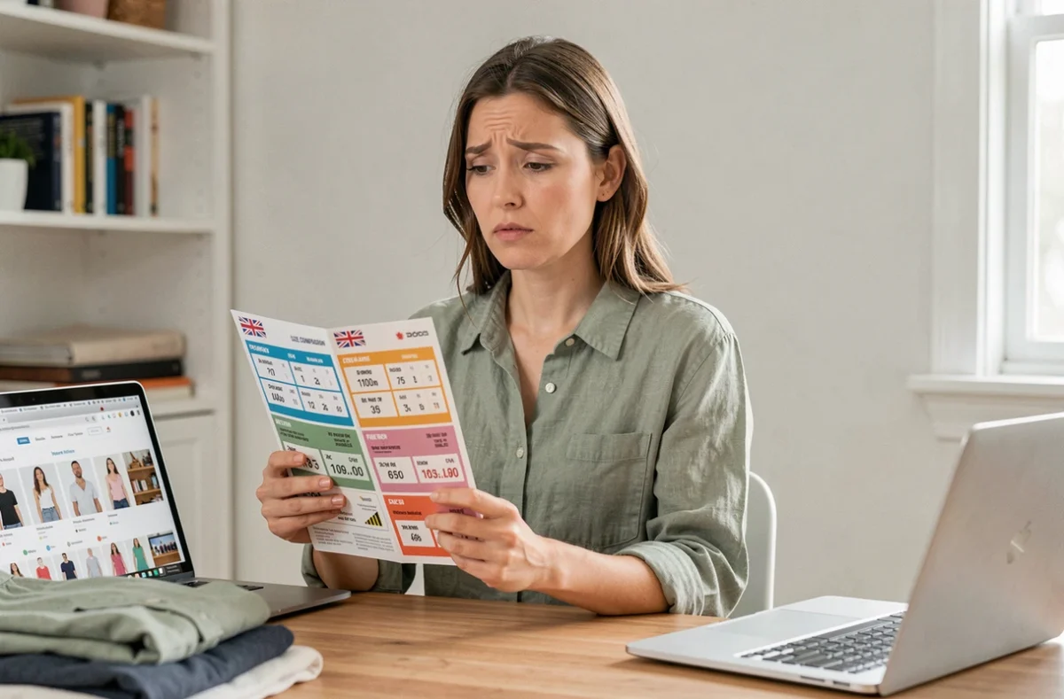 Femme consultant un tableau de conversion de tailles entre l'Australie et la France pour une commande en ligne