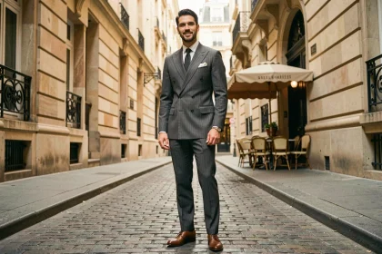 Homme en costume années 30 à double boutonnage rayé charbon dans une rue parisienne Art Déco, style vintage chic masculin 2026