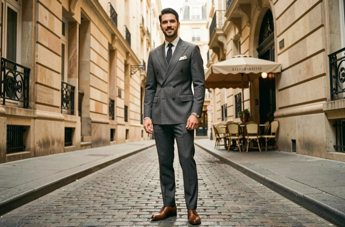 Homme en costume années 30 à double boutonnage rayé charbon dans une rue parisienne Art Déco, style vintage chic masculin 2026