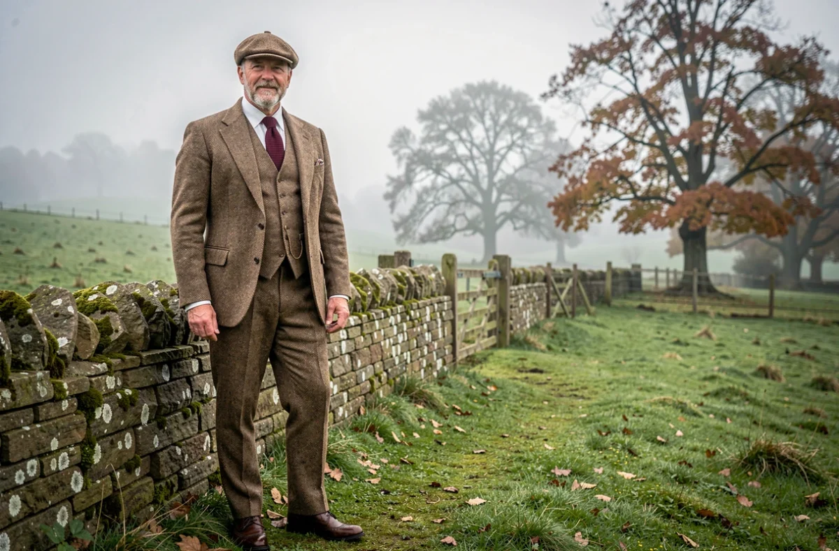 Homme en costume trois pièces tweed années 30 avec chapeau plat dans un paysage de campagne anglaise automnale brumeux