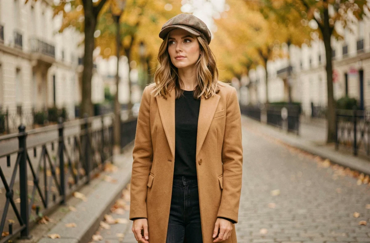 Femme avec une coupe casquette structurée et légèrement texturée dans une rue parisienne en automne portant un manteau camel