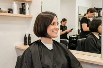 Femme aux cheveux courts coupe casquette assise dans un fauteuil de salon de coiffure moderne regardant son reflet dans le miroir