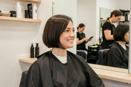 Femme aux cheveux courts coupe casquette assise dans un fauteuil de salon de coiffure moderne regardant son reflet dans le miroir