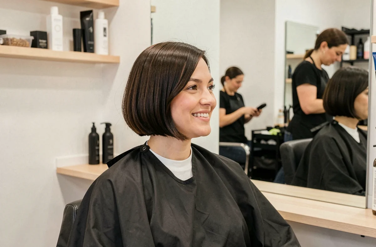 Femme aux cheveux courts coupe casquette assise dans un fauteuil de salon de coiffure moderne regardant son reflet dans le miroir