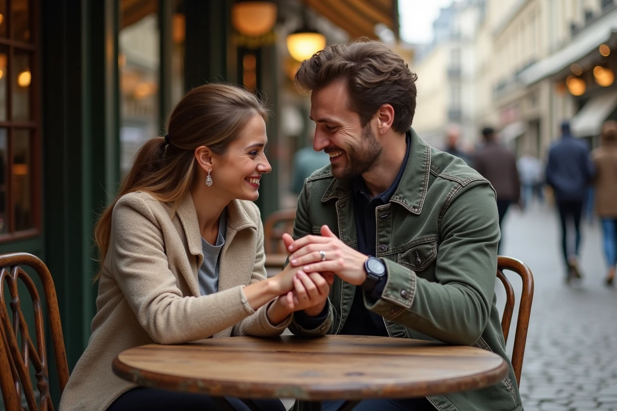 Couple admirant une bague de fiançailles en or à la terrasse d'un café parisien