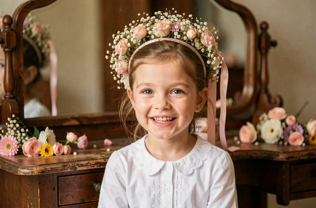 Portrait rapproché d'une fillette portant une couronne florale princesse avec fleurs séchées et ruban rose devant un miroir antique en bois