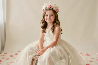 Petite fille de 7 ans portant une couronne princesse en perles et fleurs roses lors d'une séance photo en studio avec robe en tulle ivoire