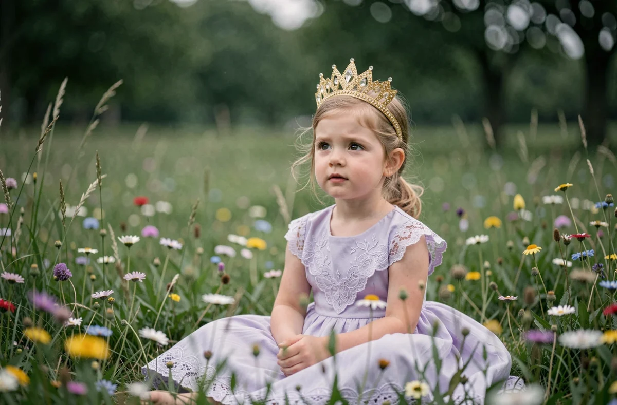 Fillette avec couronne dorée et tiare de cristaux posant dans un champ de fleurs sauvages pour un portrait enfant en plein air