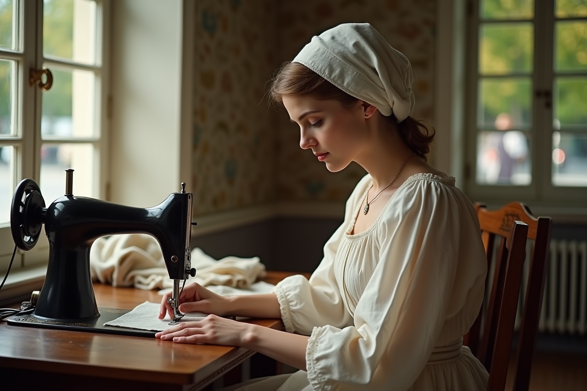 Jeune femme couturière utilisant une machine à coudre ancienne dans un intérieur
