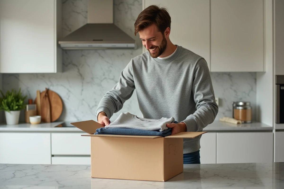 Homme déballant une commande de vêtements de marque livrée dans un carton sur une table de cuisine moderne