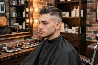Jeune homme avec un dégradé bas taper fraîchement réalisé dans un salon de coiffure vintage, vue en trois quarts