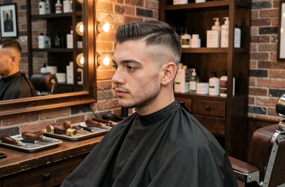 Jeune homme avec un dégradé bas taper fraîchement réalisé dans un salon de coiffure vintage, vue en trois quarts