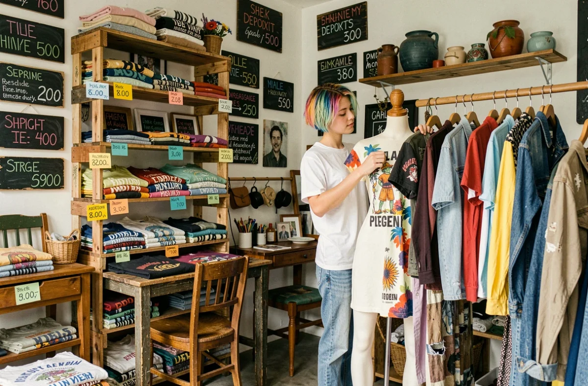 Friperie dépôt-vente alternative avec décor DIY en bois recyclé, une jeune personne aux cheveux colorés habillant un mannequin parmi des t-shirts vintage empilés et des panneaux à la craie