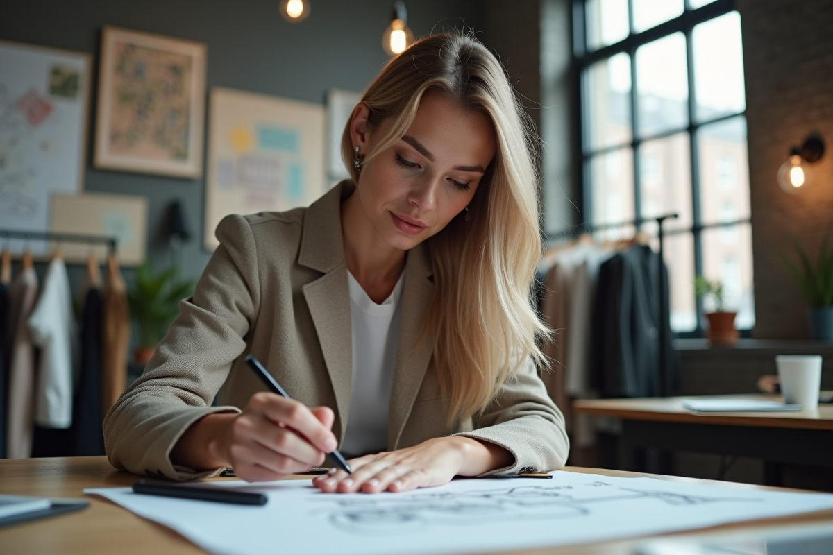 Designer de mode esquissant des idées sur une tablette dans un studio