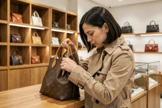 Femme inspectant de près les coutures d'un sac à main monogramme pour détecter une contrefaçon Louis Vuitton