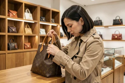 Femme inspectant de près les coutures d'un sac à main monogramme pour détecter une contrefaçon Louis Vuitton