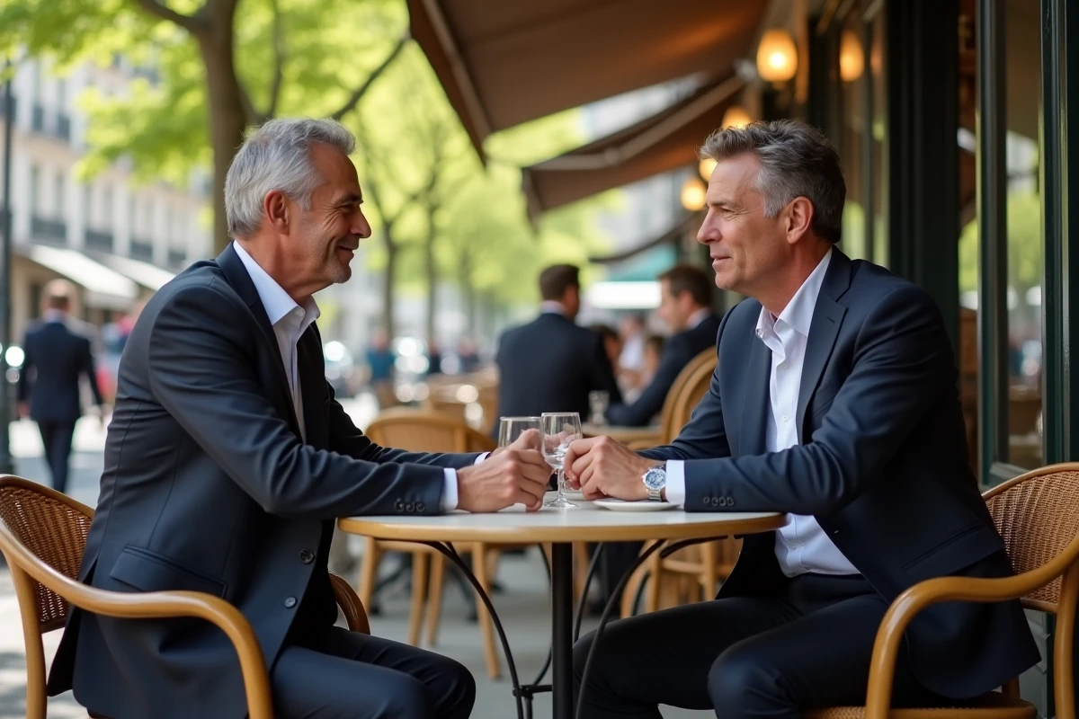 Deux hommes en costume assis au café rue Montaigne