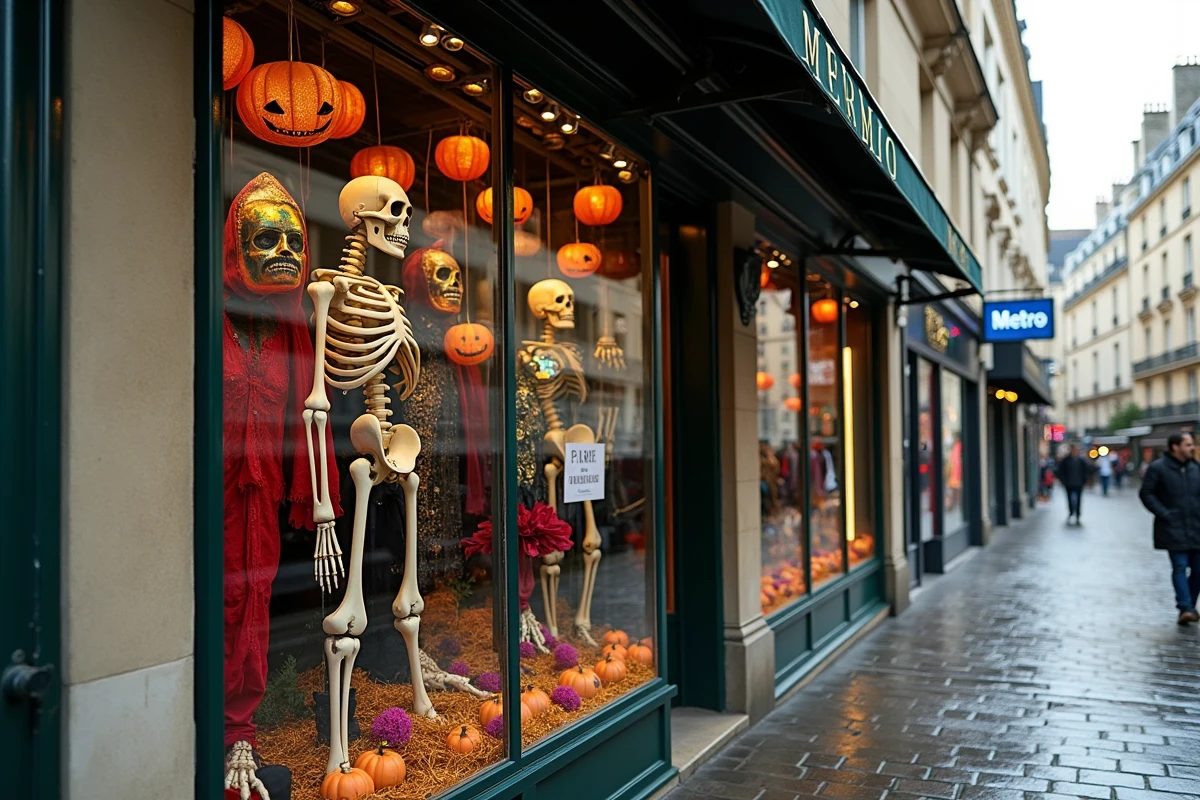 Devanture d'une boutique de costumes d'Halloween dans une rue parisienne près du métro avec vitrine décorée