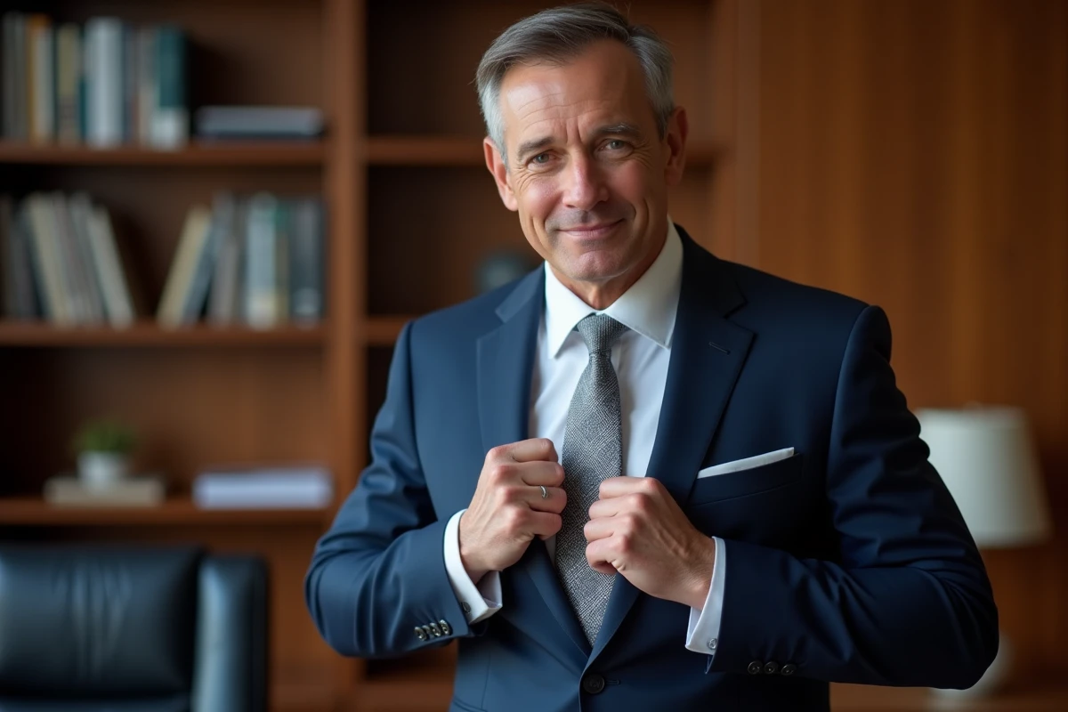 Nœud de cravate double Windsor réussi sur costume bleu marine en milieu professionnel
