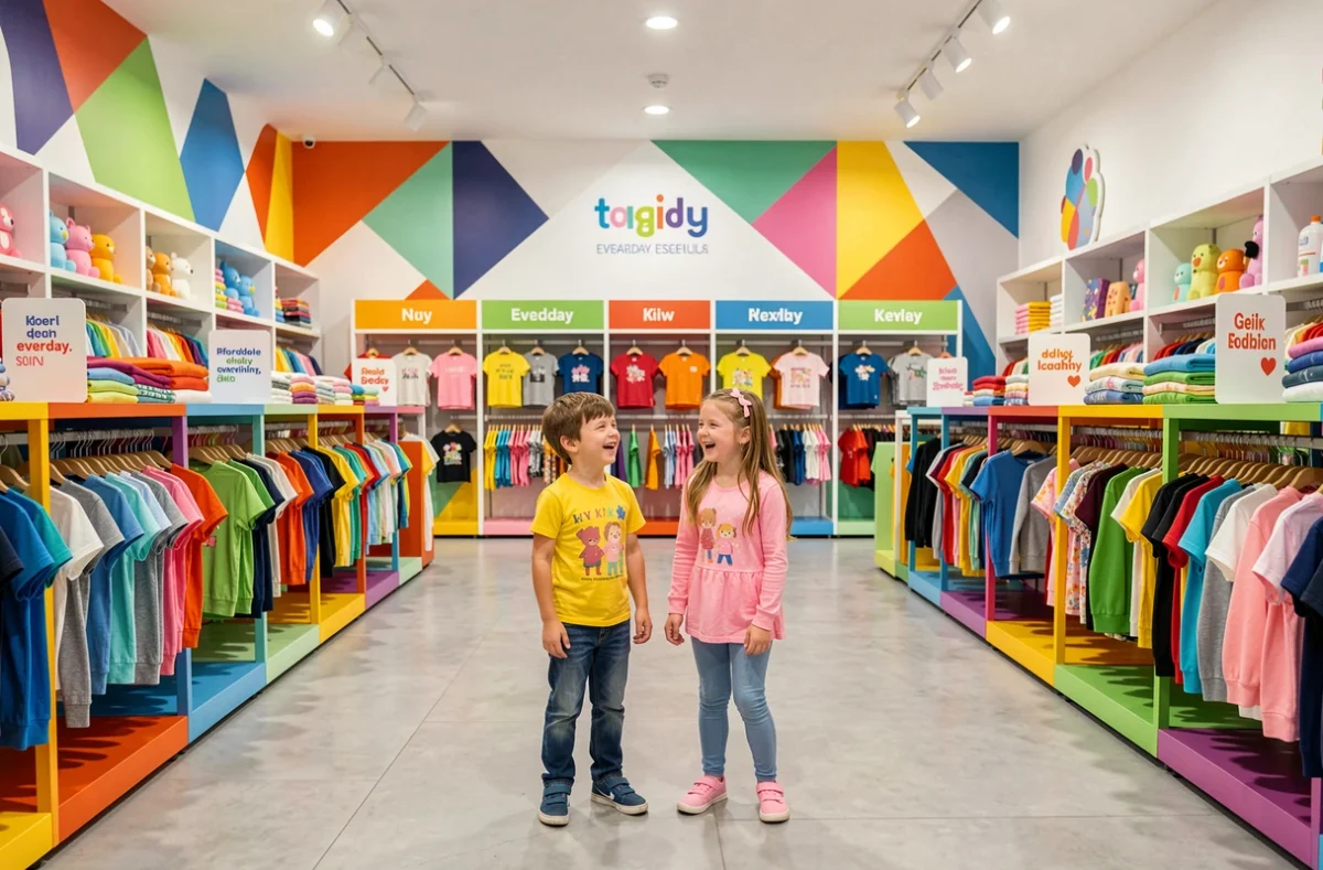 Deux jeunes enfants joyeux explorant les rayons colorés de la boutique Du Pareil Au Même à Paris