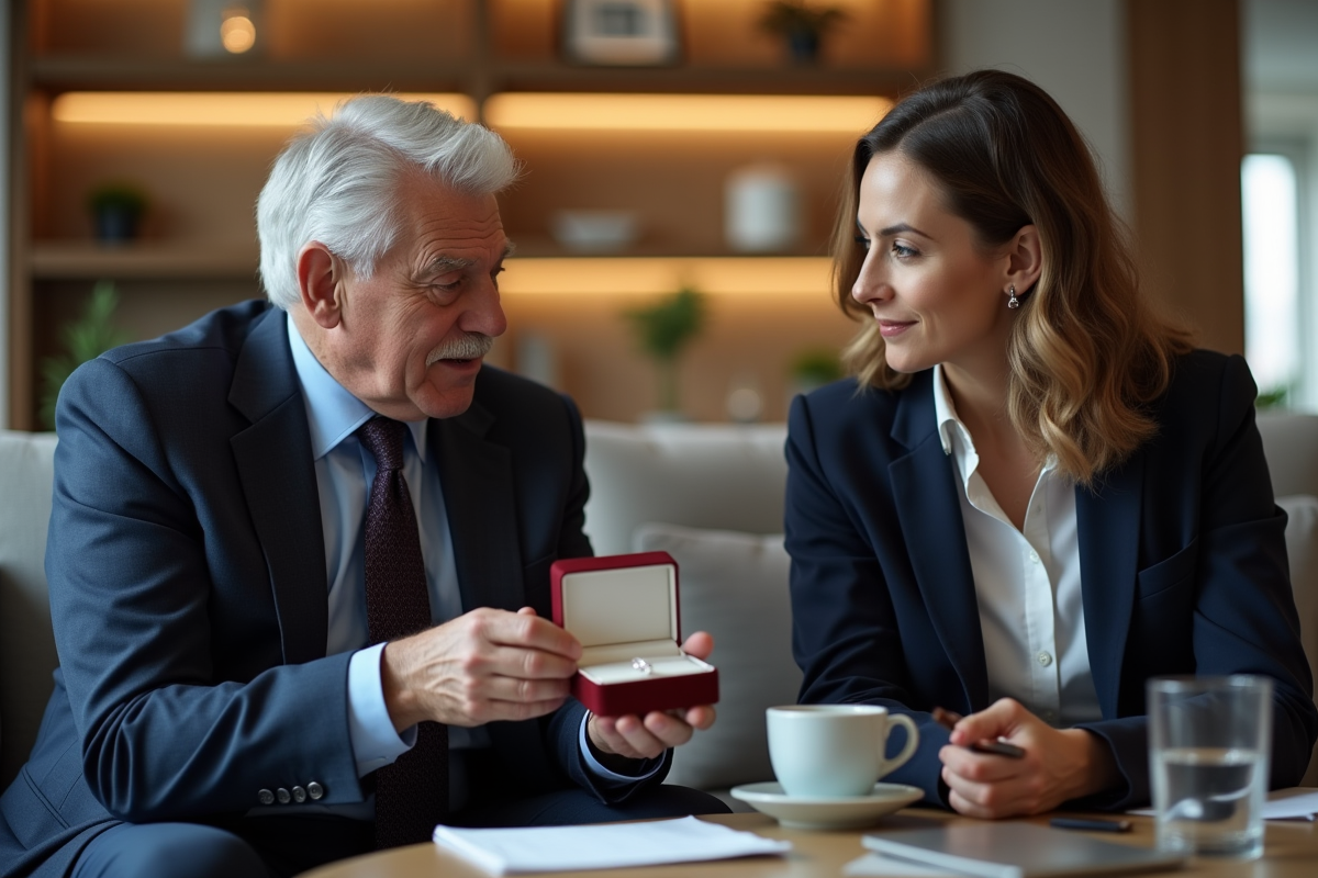 Homme et femme discutant autour d’un bracelet en diamants dans un salon moderne