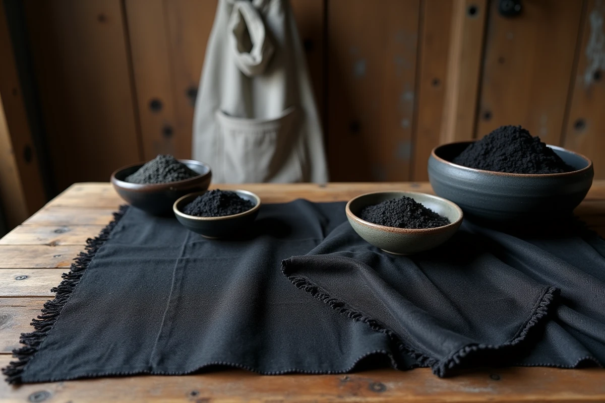 Échantillons de tissus teints en noir naturel avec ingrédients de teinture écologique disposés en flat lay