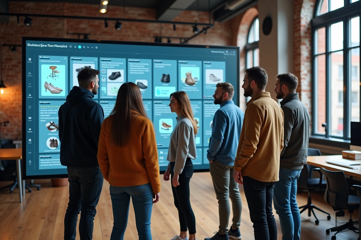 Groupe de créatifs discutant autour d un grand écran digital