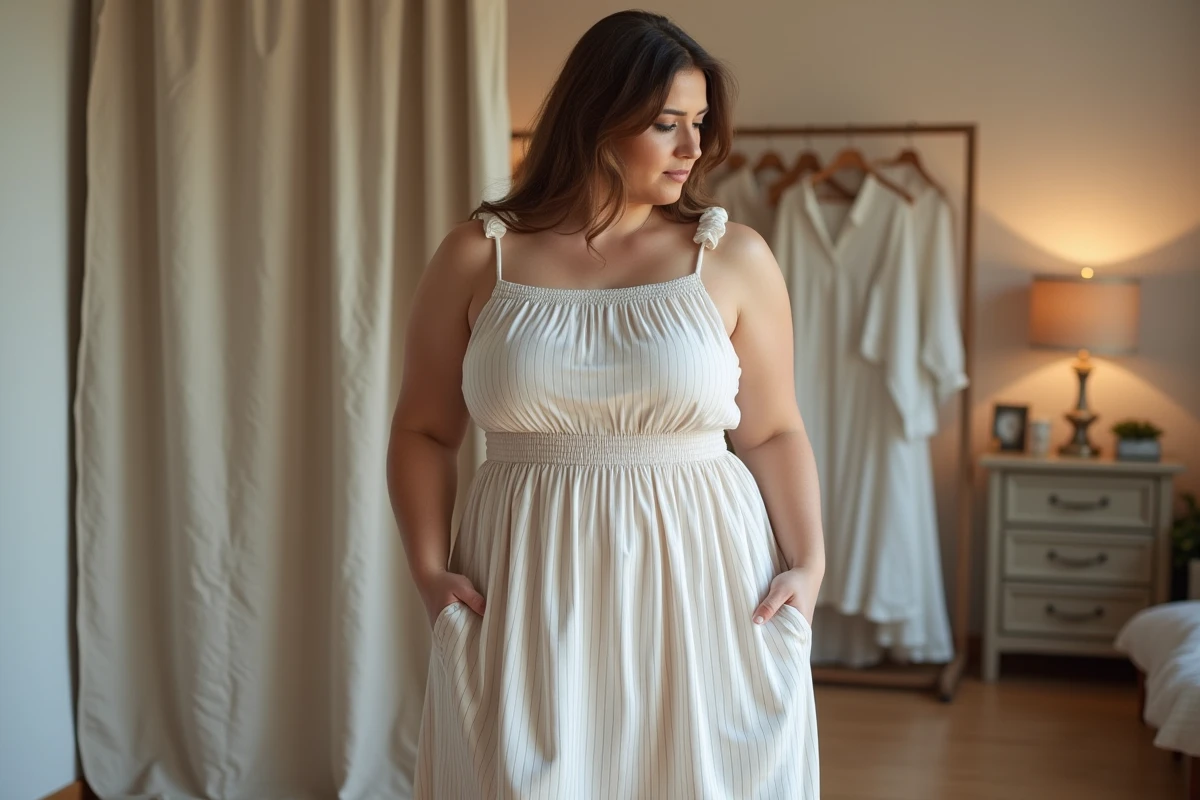 Femme forte poitrine essayant une robe fluide empire dans une cabine de boutique de mode estivale