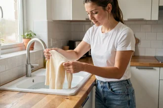 Femme qui étire délicatement un pull en laine rétréci au-dessus d'un évier rempli d'eau dans une cuisine moderne