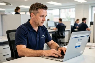 Facteur masculin en uniforme La Poste connecté à son espace personnel habillement sur un ordinateur portable dans un bureau administratif