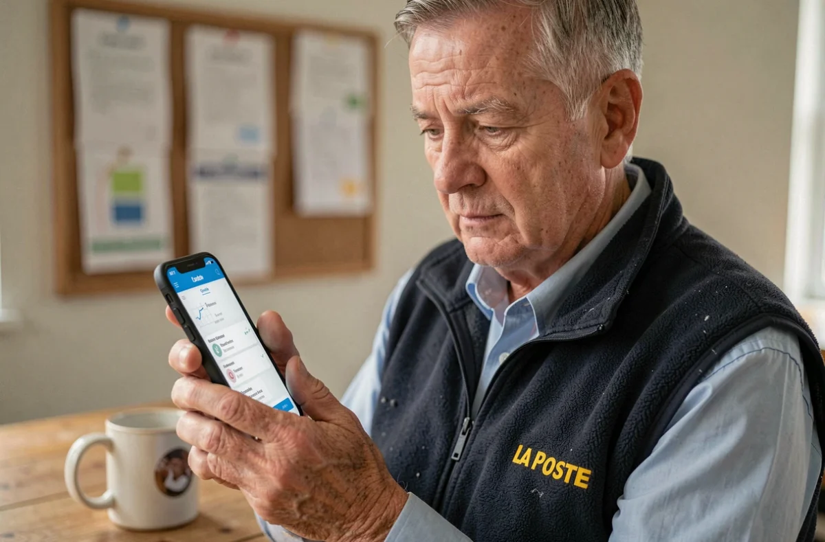 Facteur expérimenté consultant son espace personnel habillement sécurisé sur smartphone dans la salle de pause d'un bureau de poste